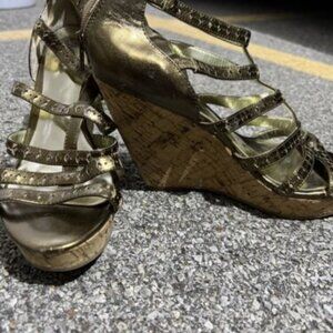 Carlos Santana Cork Heels 8.5M Strap Zip Bronze Color Womens Strappy